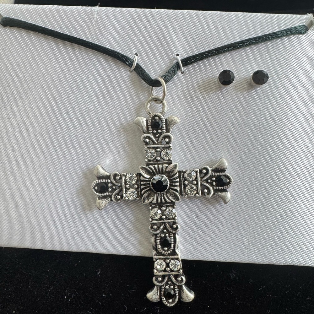 Vintage Silver and Black Gothic Cross Necklace and Earring Set